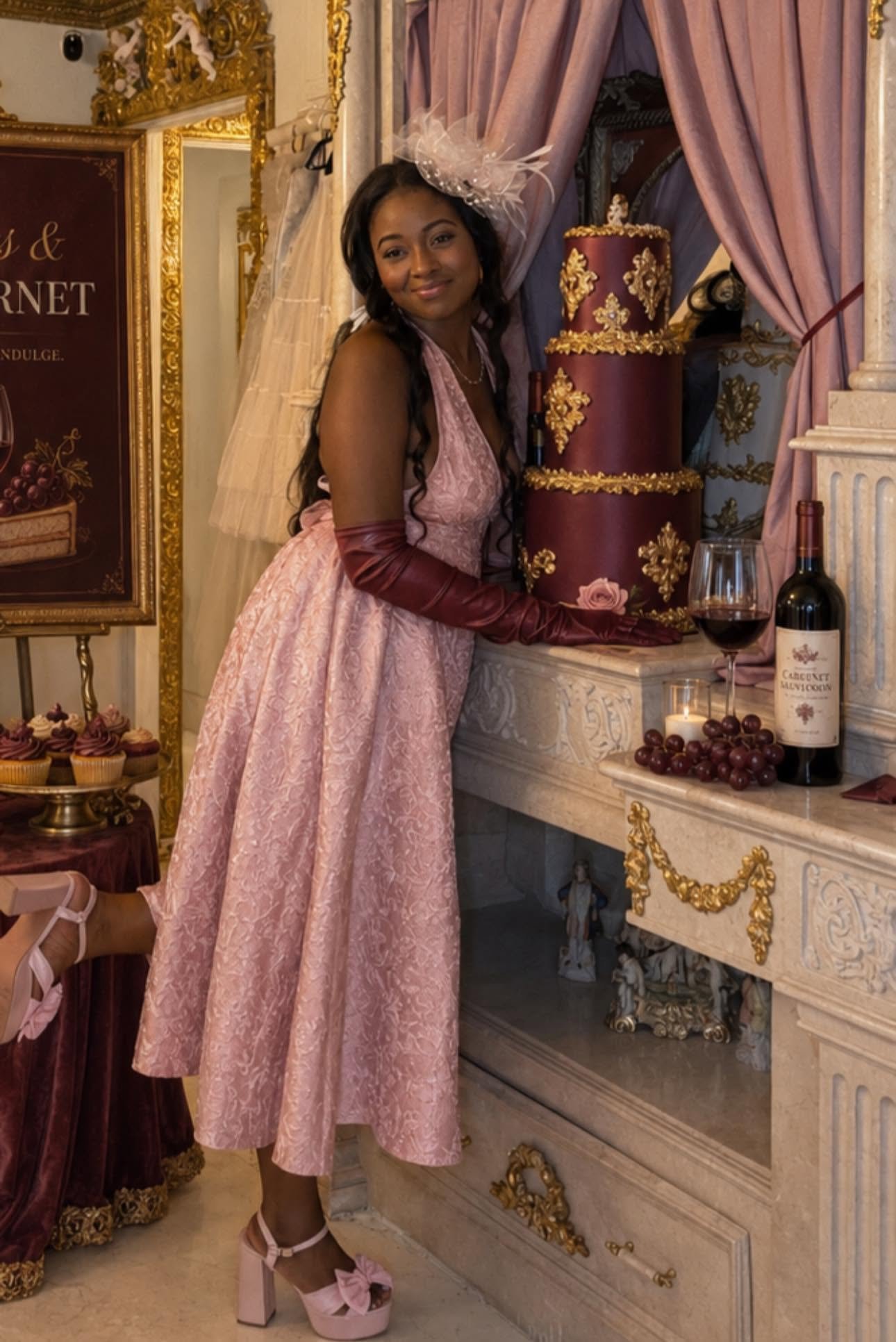 Founder of Board Friends Events at a luxury event — elegant setting with gold decor and stunning cake