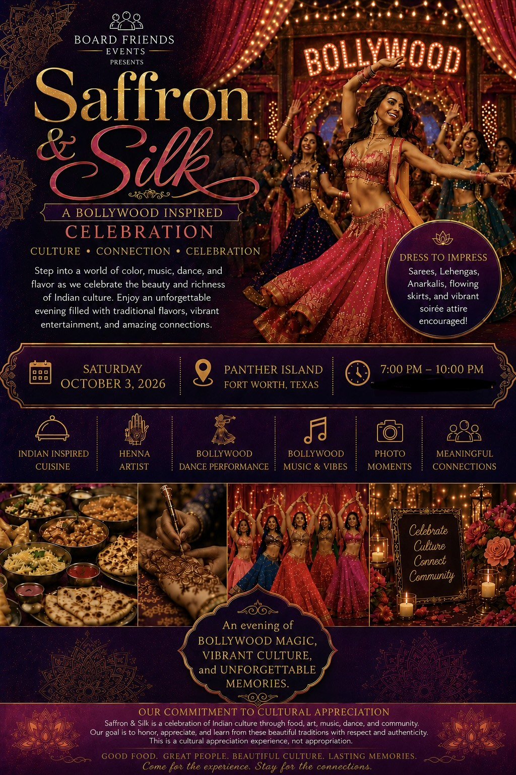 Saffron and Silks Bollywood inspired celebration flyer — Panther Island Fort Worth October 3